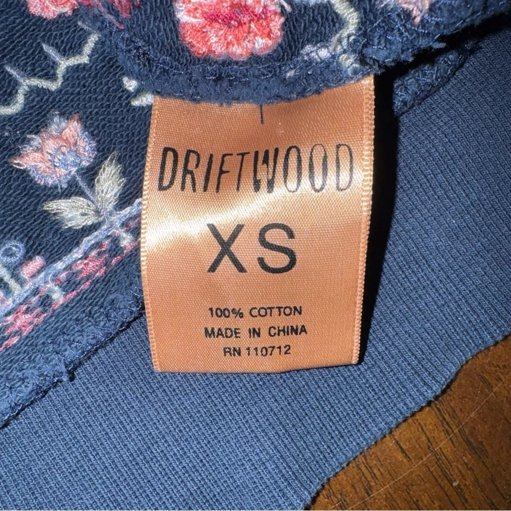 Driftwood Teddy Navy Blue Hooded Sweater Floral Embroidered Design Women's XS - Picture 10 of 12